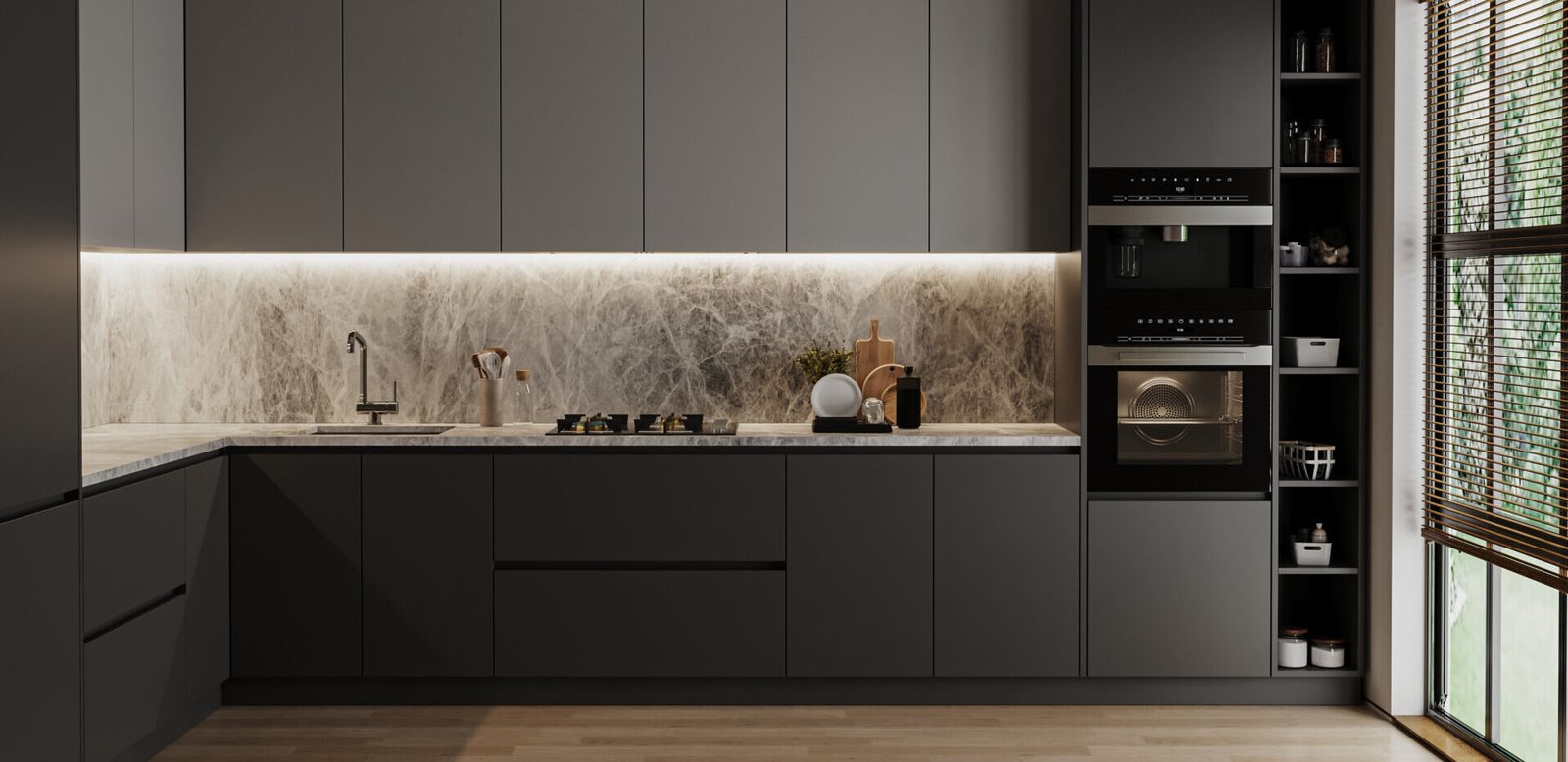 Modern dark grey kitchen interior, 3d rendering